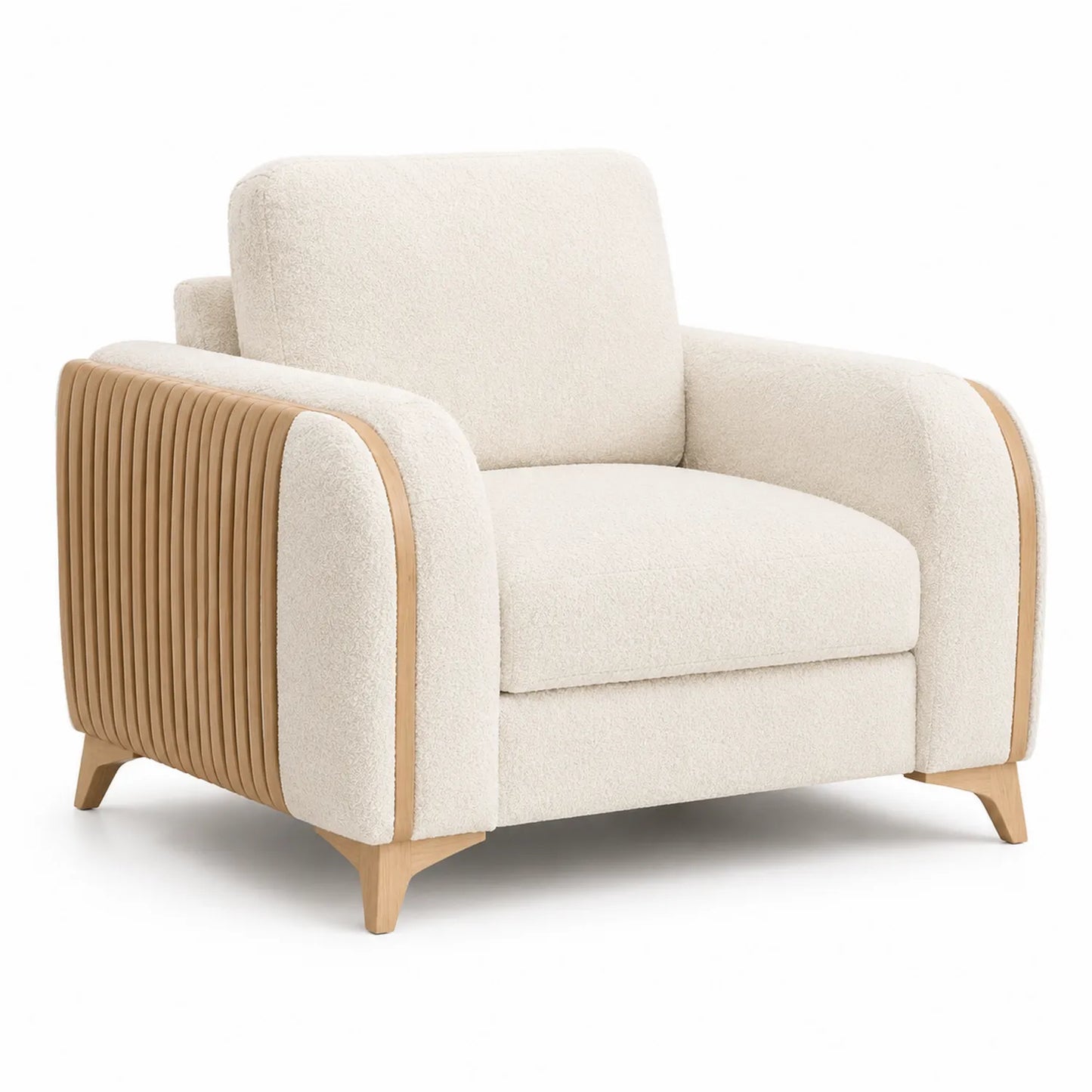 Poltrona in Legno e Tessuto Bouclé Crema 90x85x75 cm
