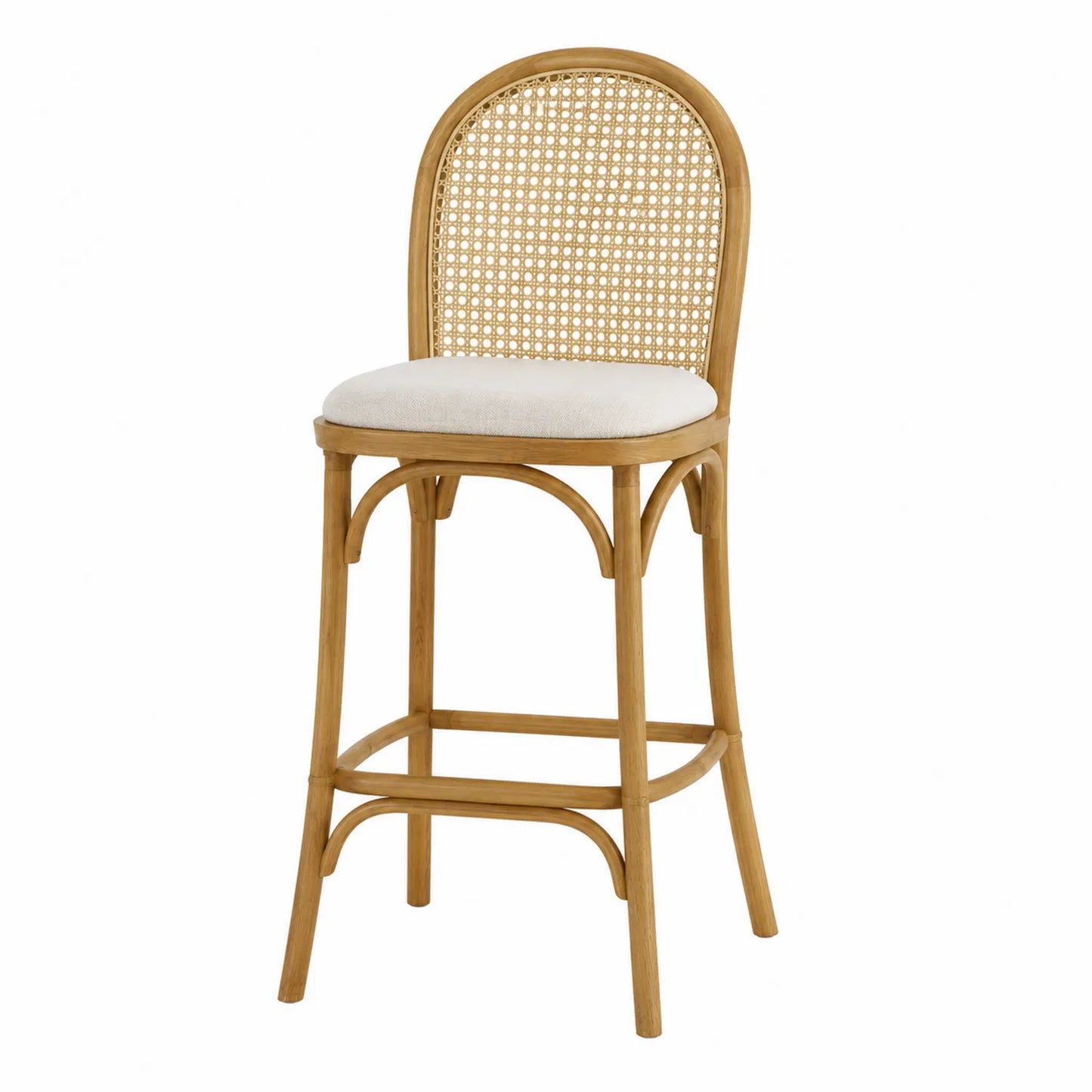 Sgabello da bar in legno di quercia e rattan con seduta imbottita in poliestere