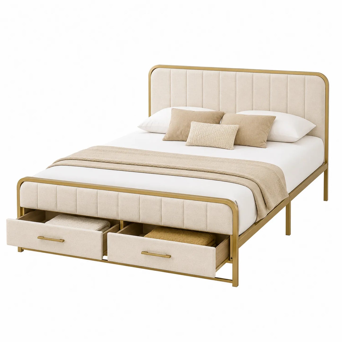 Letto matrimoniale in metallo con testiera imbottita e cassetti in tessuto beige