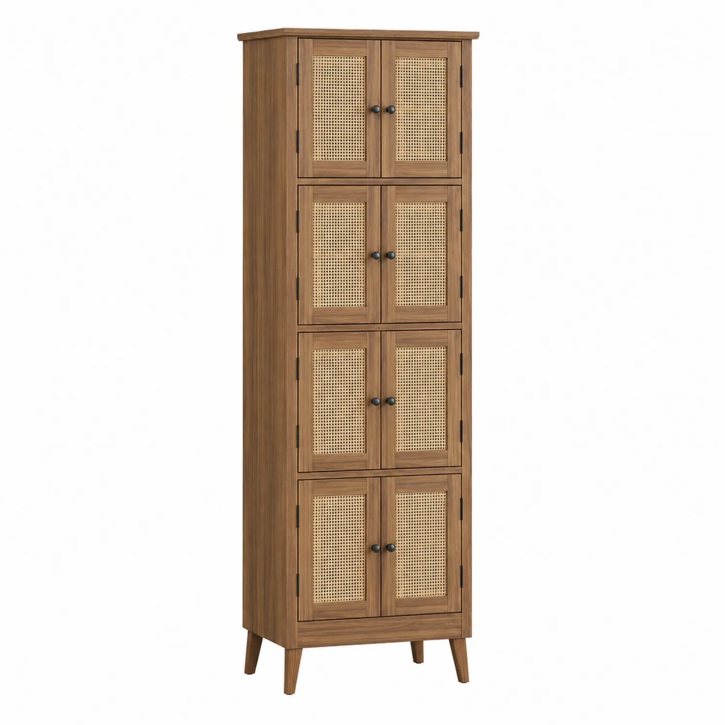 Armadio alto in legno con ante in rattan e maniglie nere