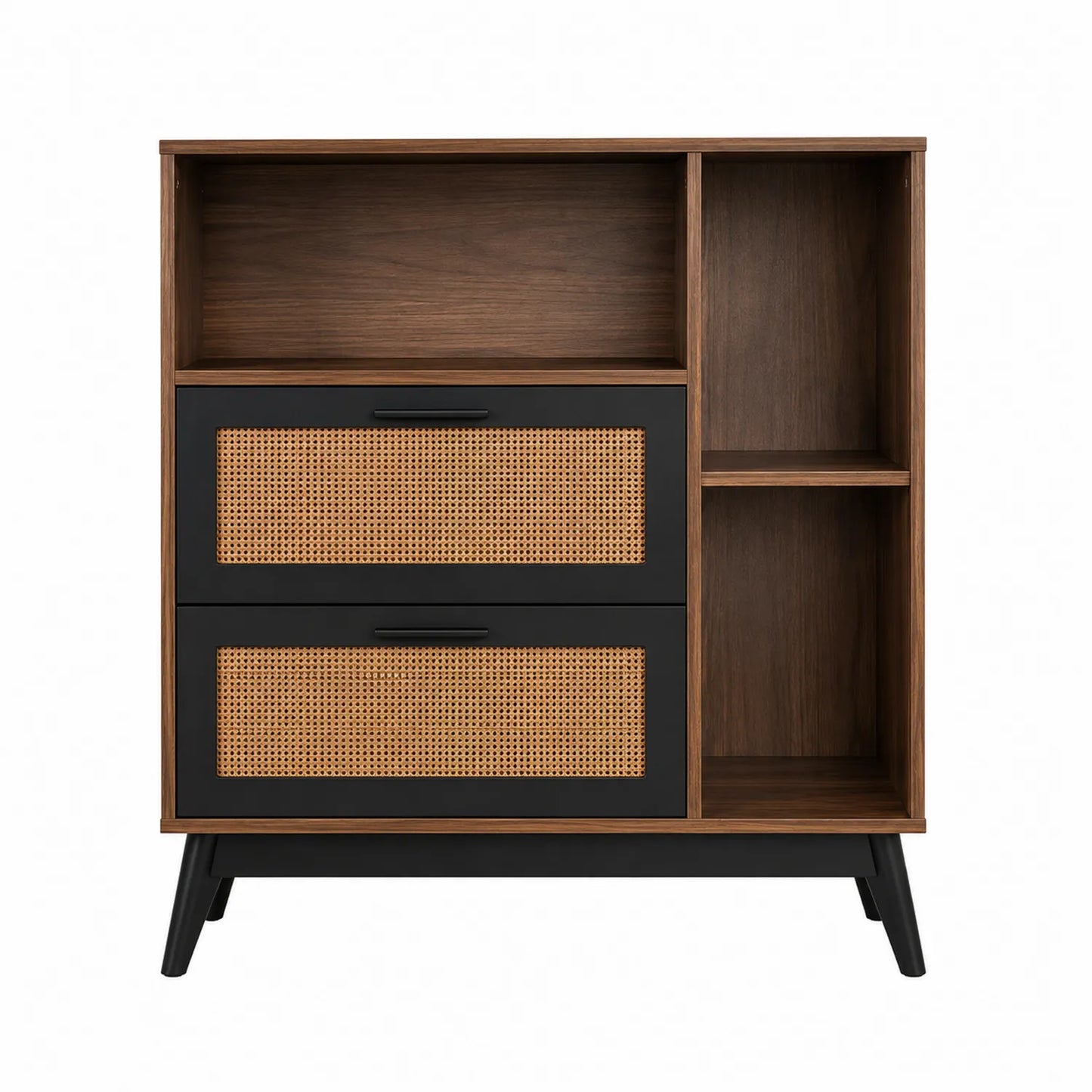 Mobile contenitore in legno con cassetti in rattan e scaffali neri