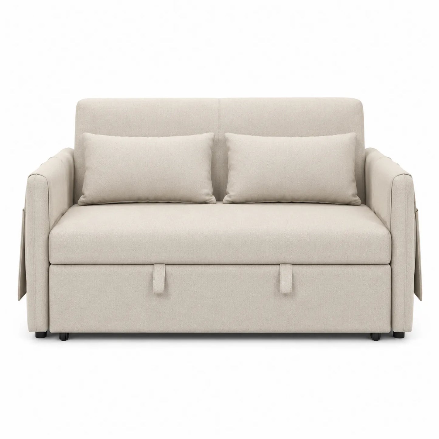 Divano letto in tessuto beige con cuscini