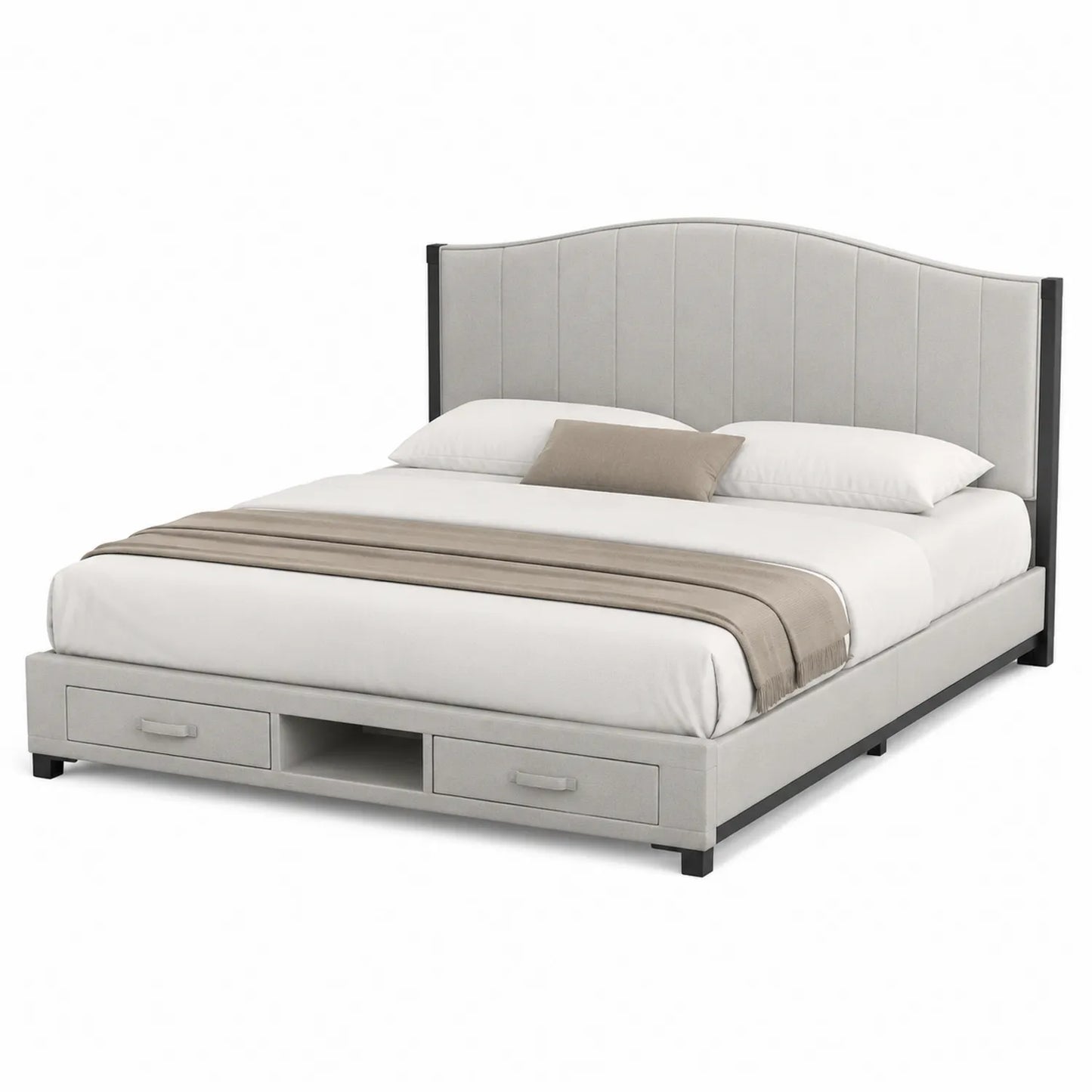Letto matrimoniale imbottito con testiera e cassetti in tessuto grigio