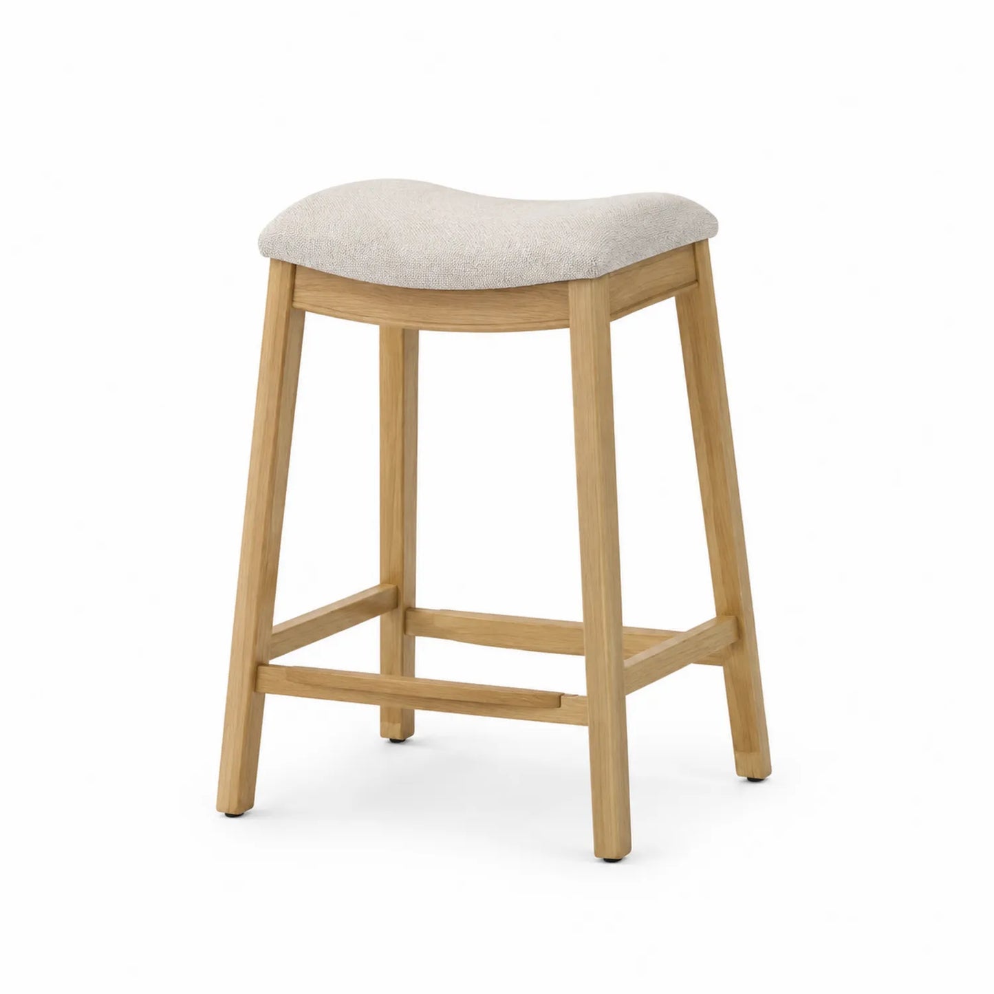 Sgabello in Legno di Rovere con Seduta in Tessuto Beige