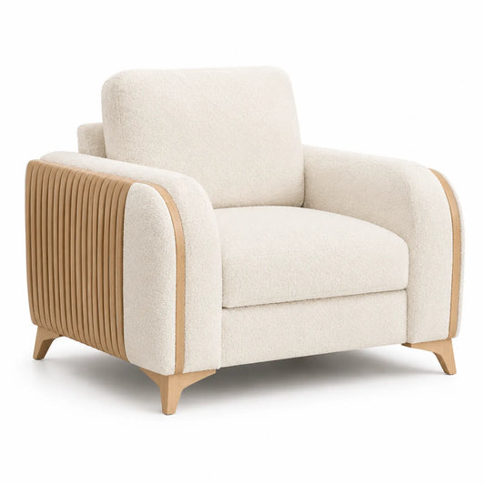 Poltrona in Legno e Tessuto Bouclé Crema 90x85x75 cm