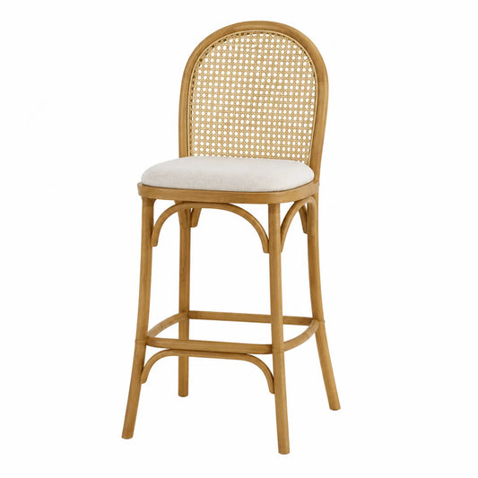 Sgabello da bar in legno di quercia e rattan con seduta imbottita in poliestere