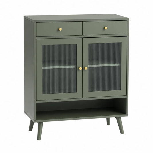 Credenza in Legno con Ante in Vetro e Due Cassetti Verde