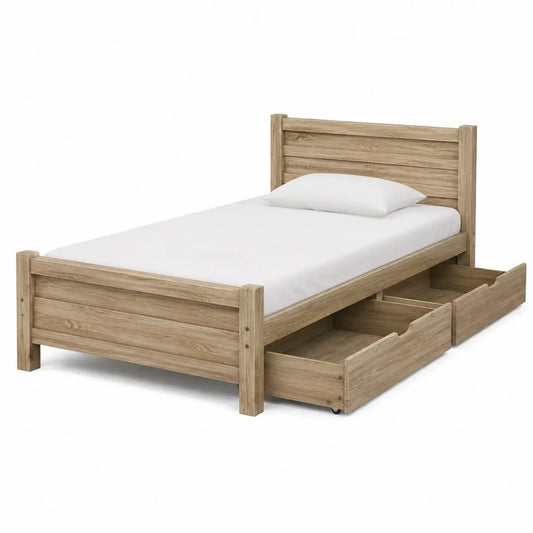 Letto singolo in legno rovere chiaro con cassetti