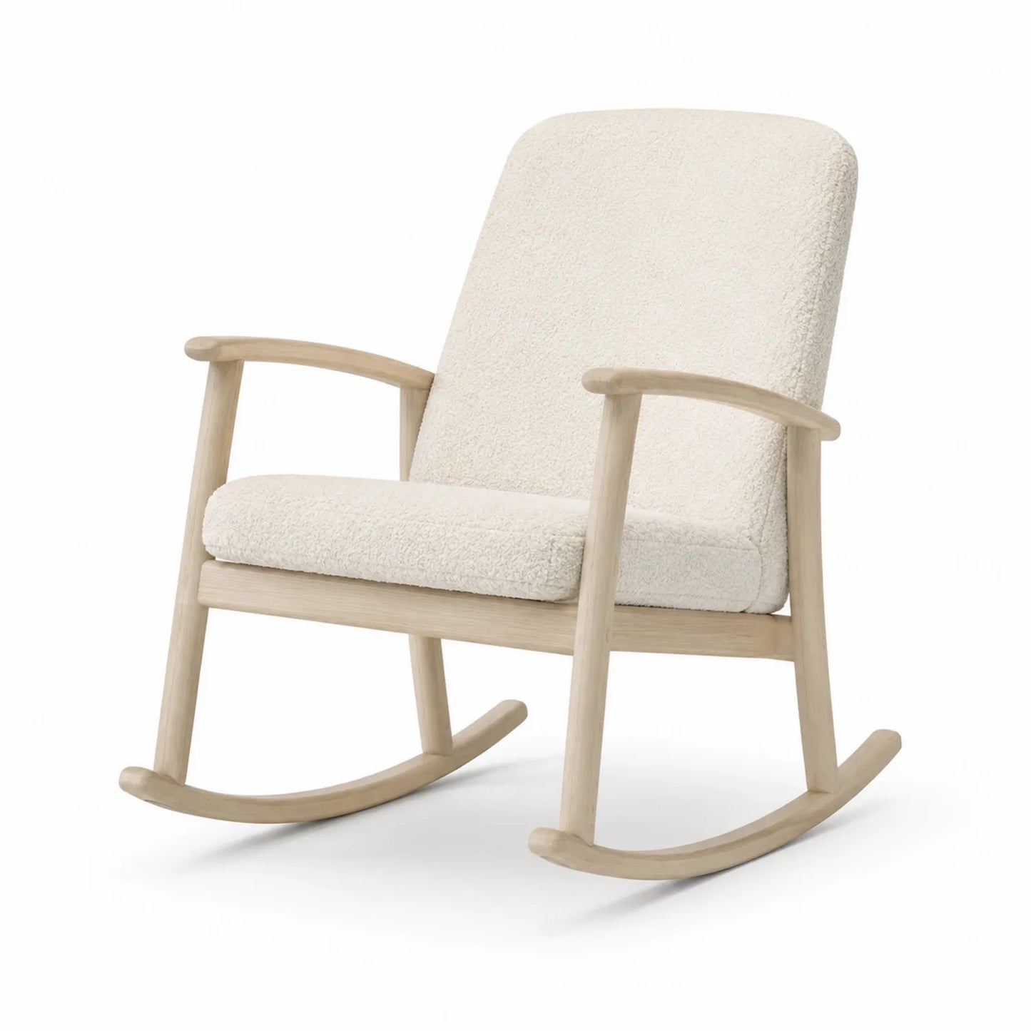 Sedia a dondolo in legno e tessuto bouclé bianco