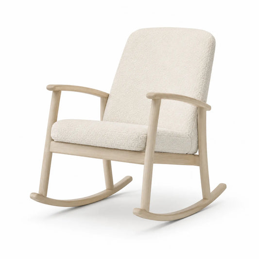 Sedia a dondolo in legno e tessuto bouclé bianco