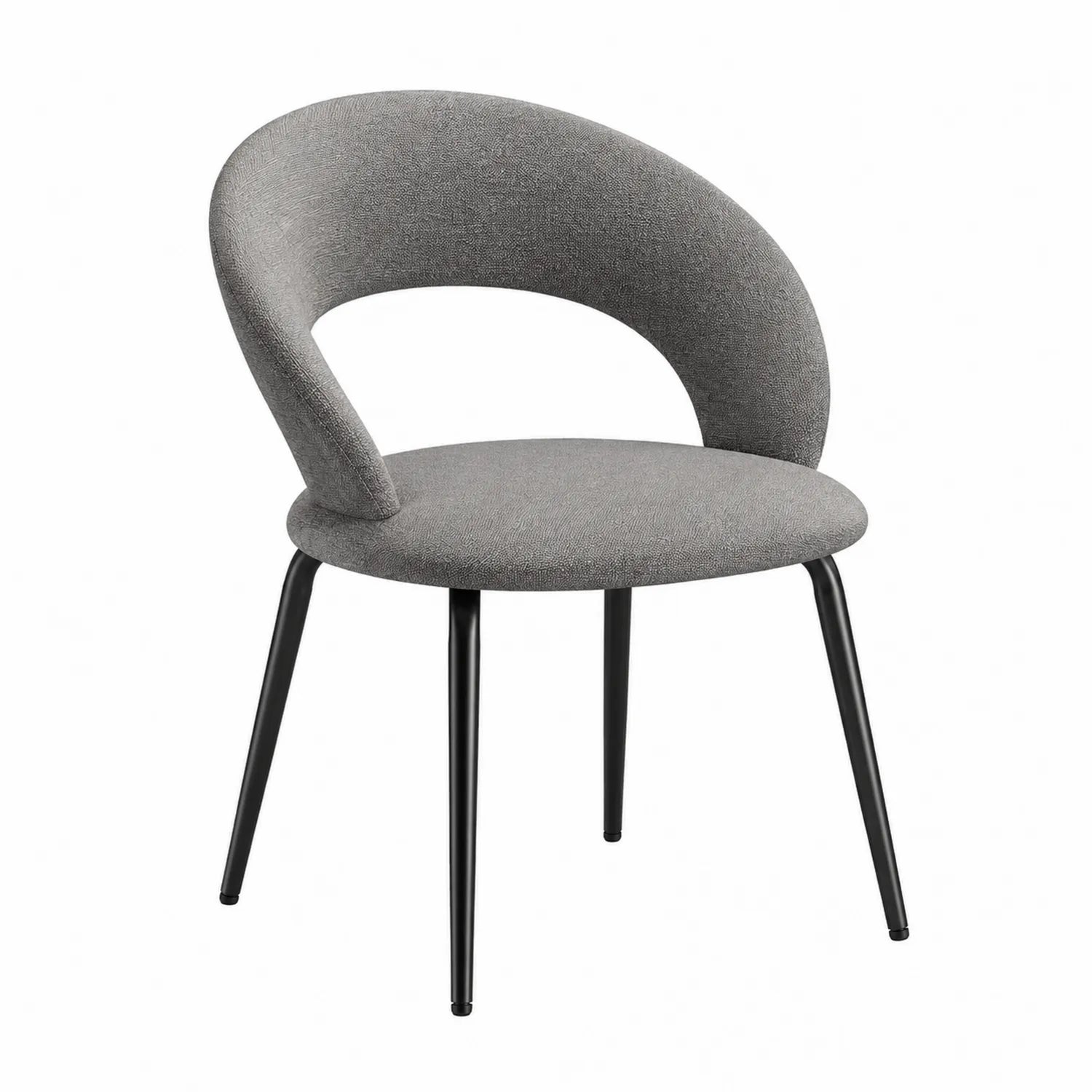 Sedia in tessuto grigio con schienale curvo e gambe in metallo