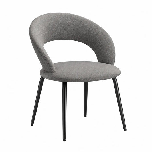 Sedia in tessuto grigio con schienale curvo e gambe in metallo