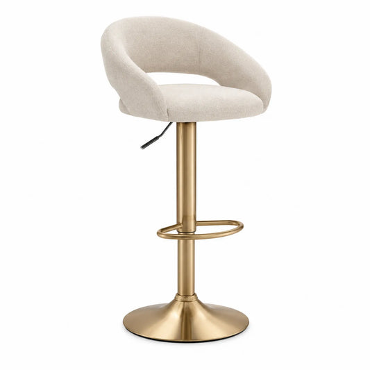 Sgabello regolabile in tessuto beige con base in metallo dorato