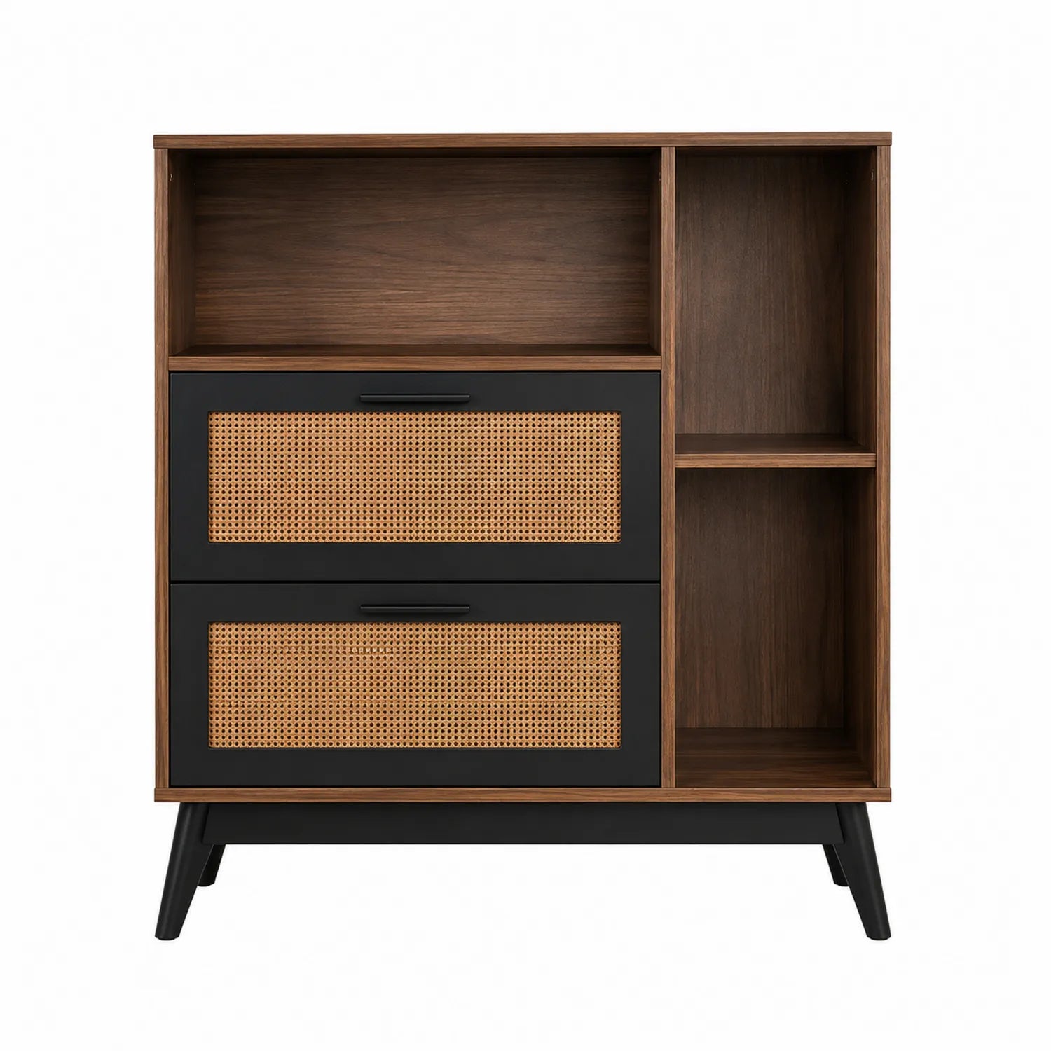Mobile contenitore in legno con cassetti in rattan e scaffali neri