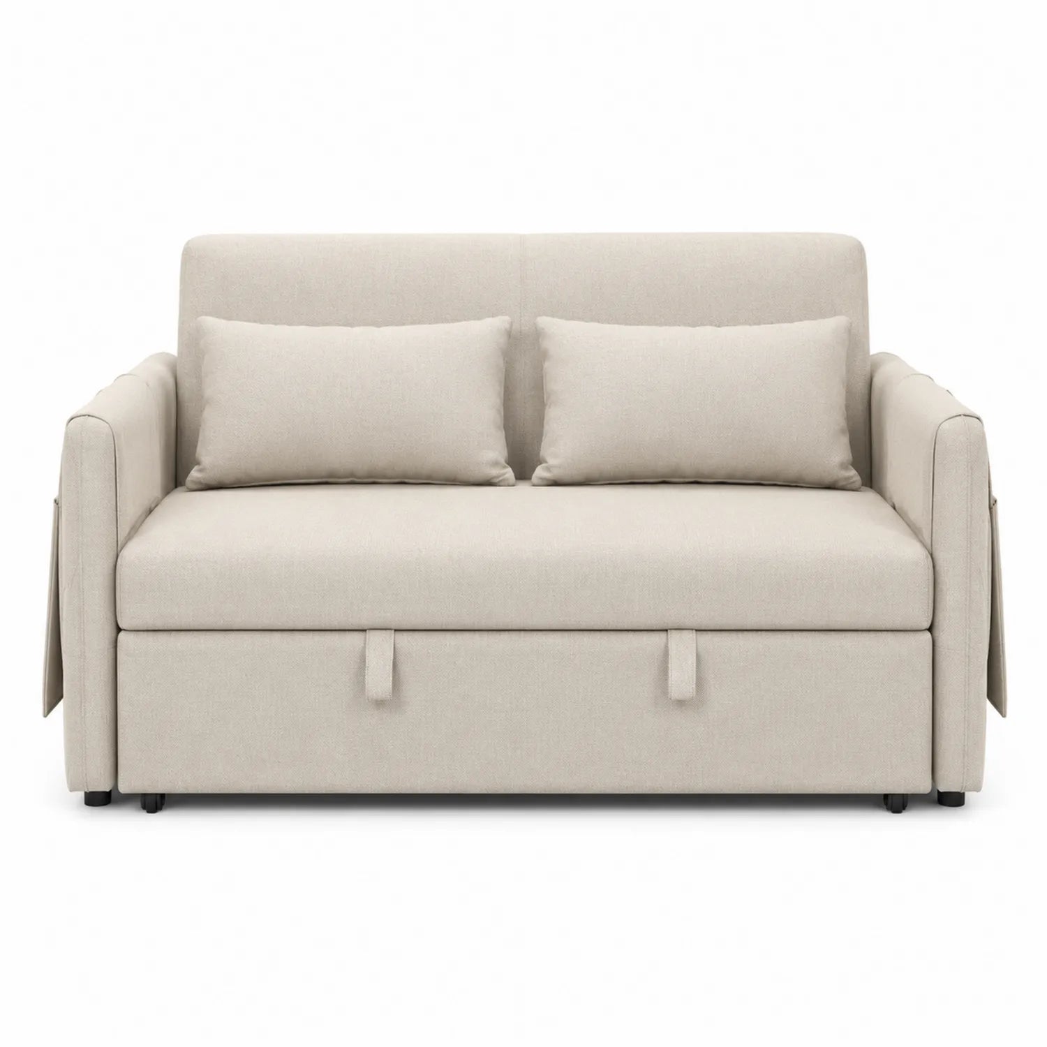 Divano letto in tessuto beige con cuscini