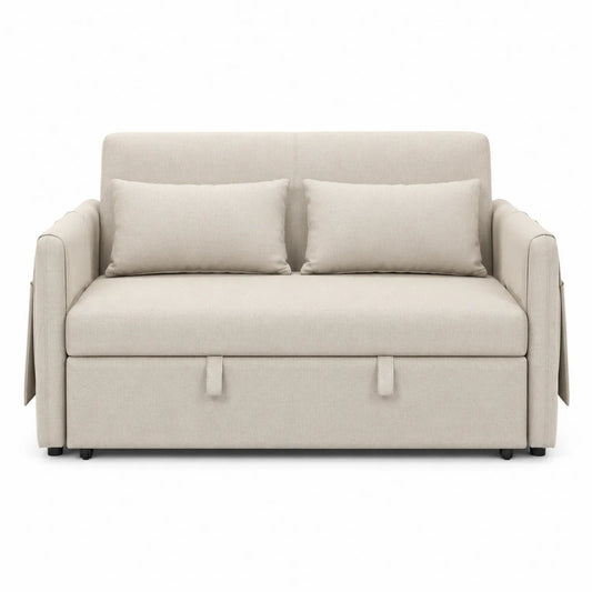 Divano letto in tessuto beige con cuscini