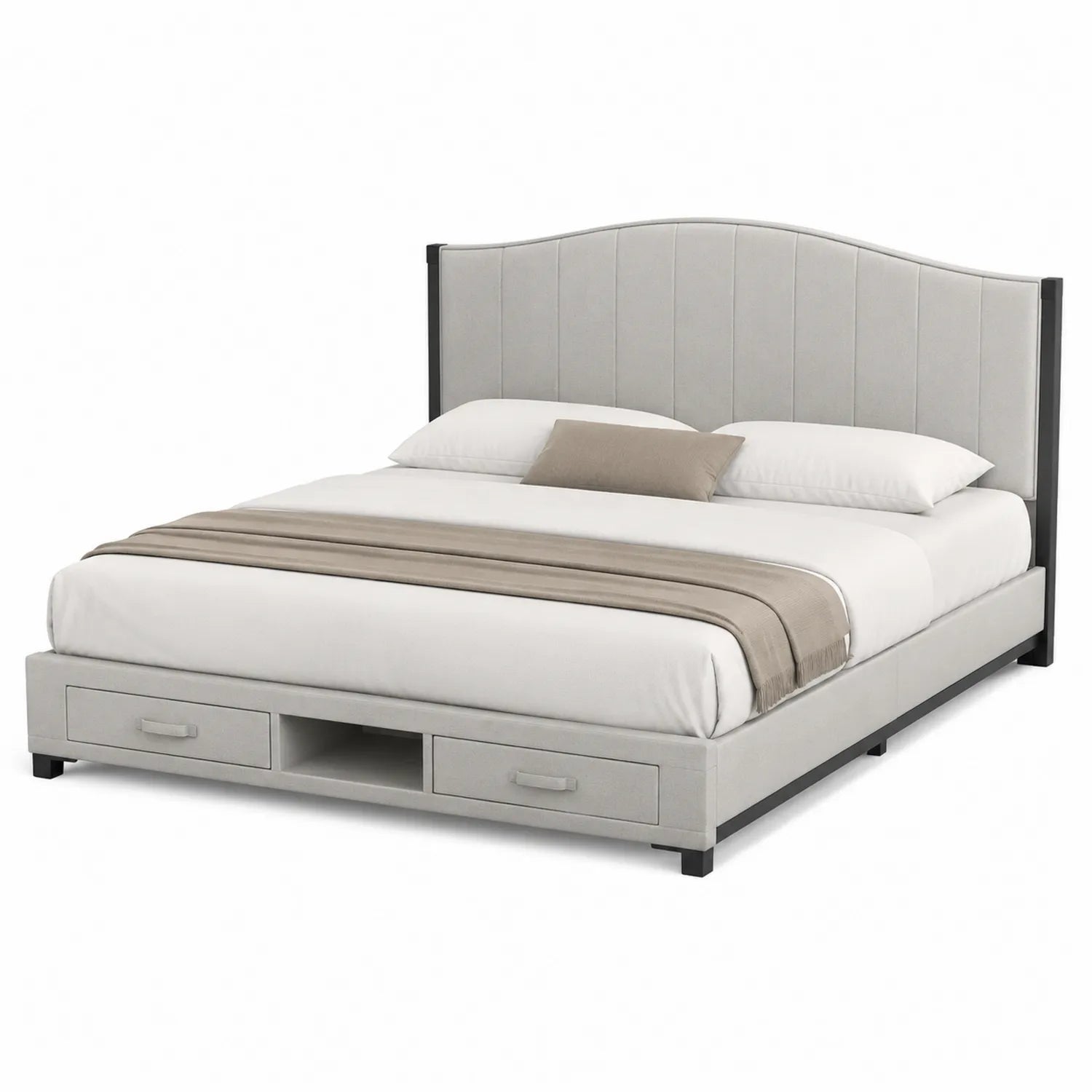 Letto matrimoniale imbottito con testiera e cassetti in tessuto grigio