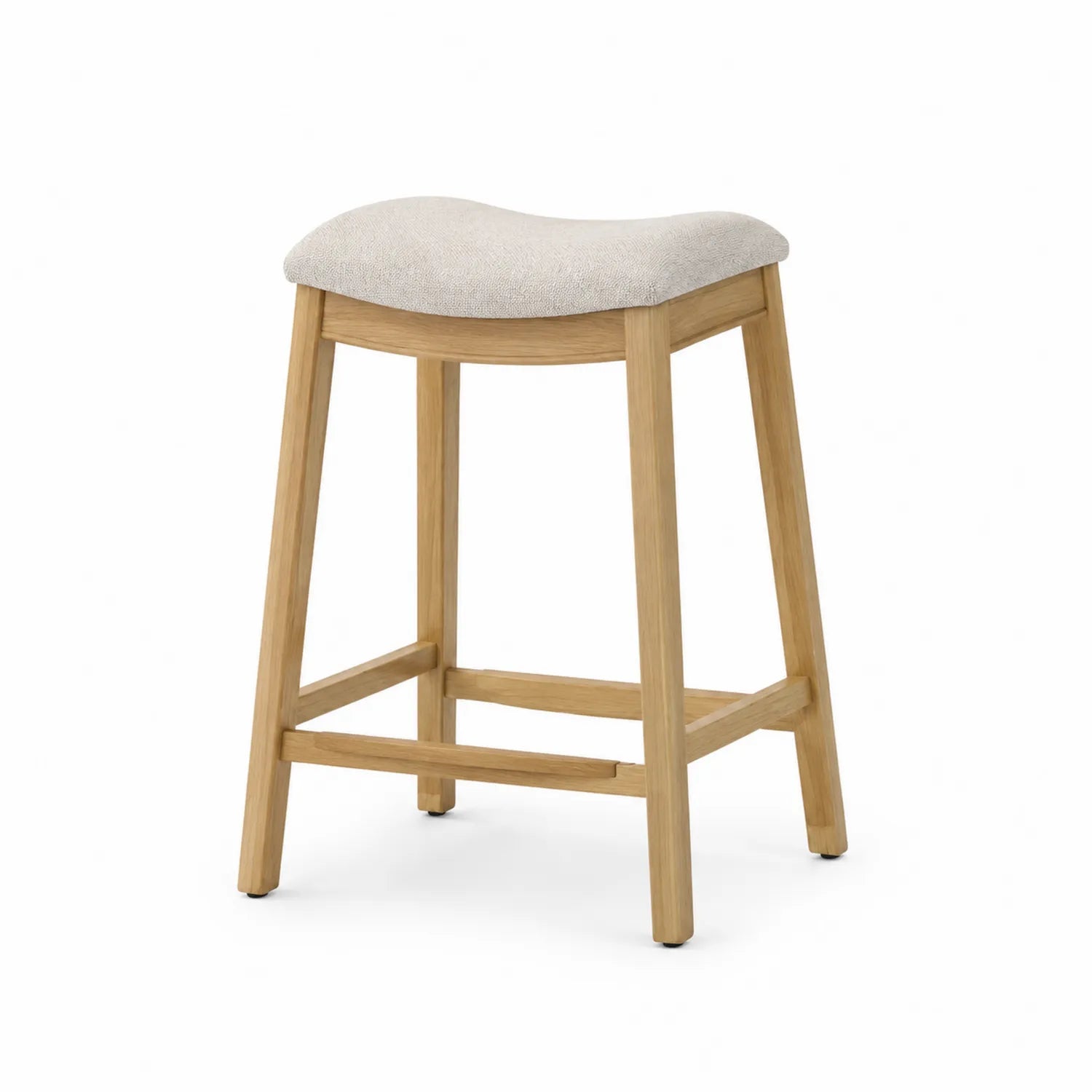 Sgabello in Legno di Rovere con Seduta in Tessuto Beige