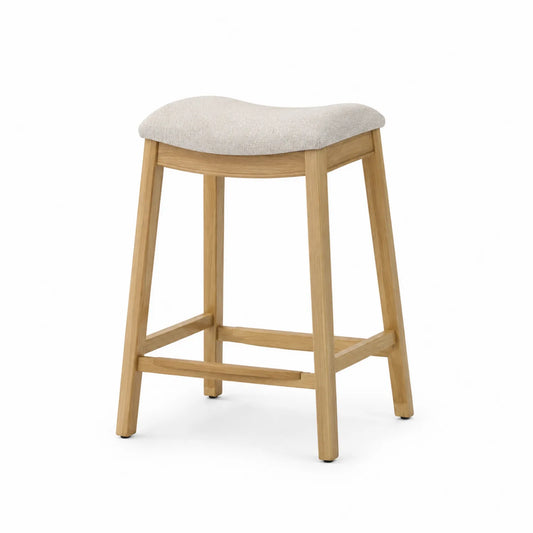 Sgabello in Legno di Rovere con Seduta in Tessuto Beige