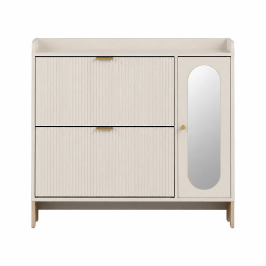 Mobile Scarpiera in Legno con Specchio Crema 80x100x30 cm